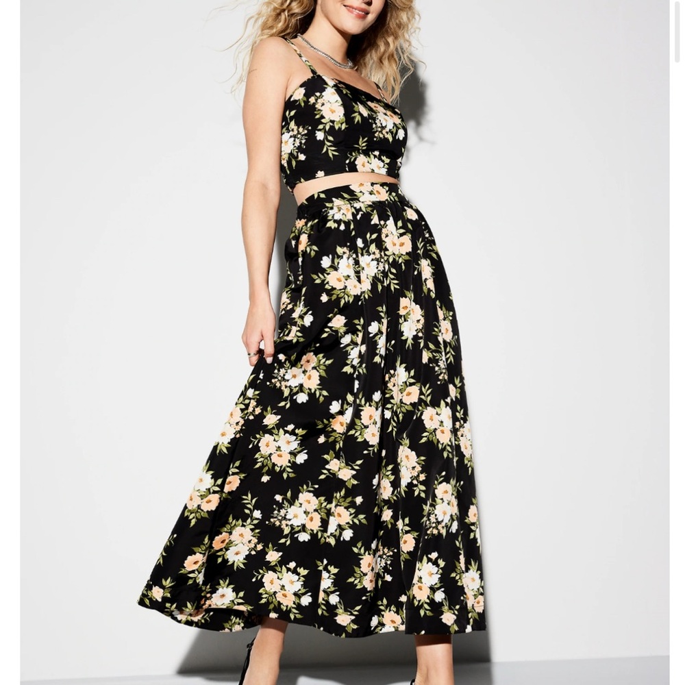 Black Floral Two Piece Maxi Skirt and Crop Set